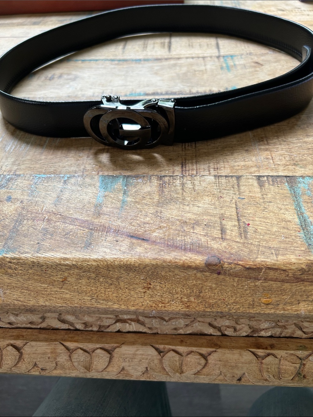 Black Leather Men's Belt with Interlocking Dark Gunmetal Metal Buckle